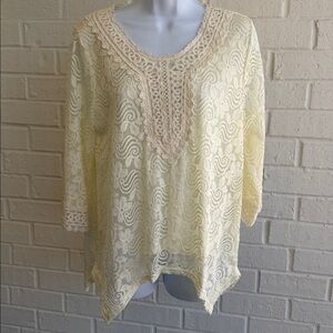 Lauren Michelle Ivory Crochet Lace Semi Sheer Tunic w/lining Handkerchief Hem Lg